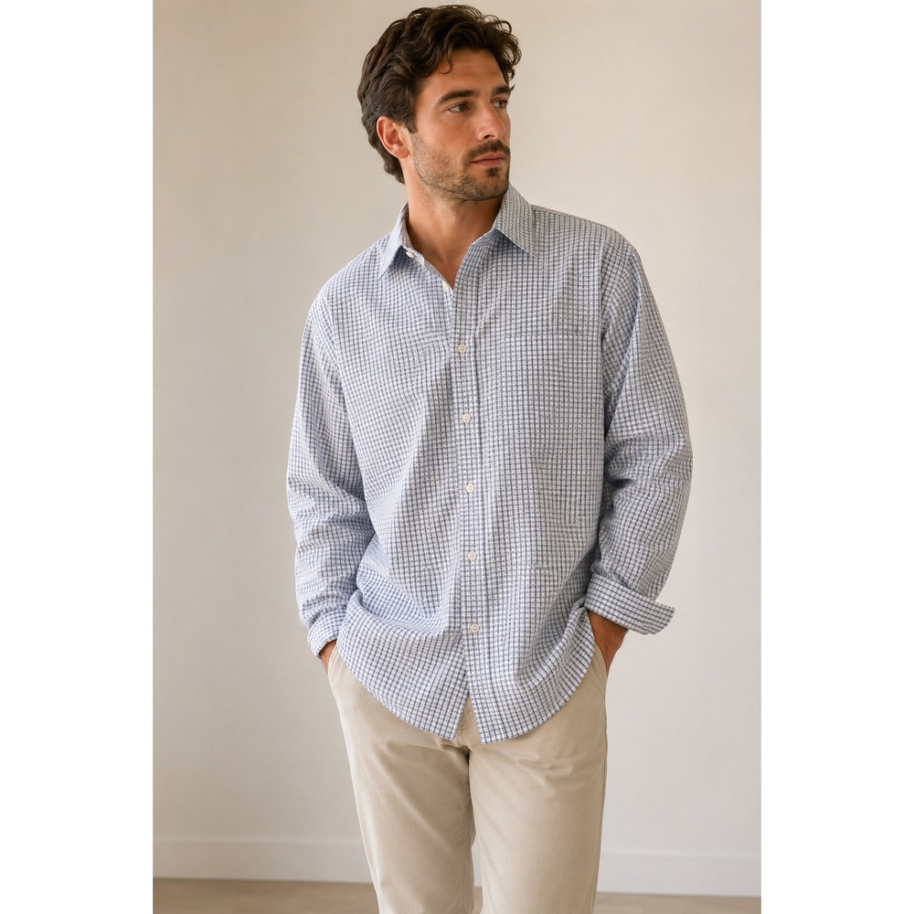 Neiman Marcus Mens 17 34/35 Wrinkle Free Cotton Check Dress Shirt Blue White